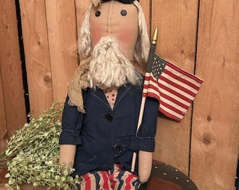 Patriotic Vintage Uncle Sam Doll - Rustic decor, Americana Figure holding flag, red, white & blue USA