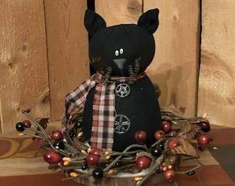 Primitive Halloween Black Cat on rustic wood slice, Fall acorns, berries, Autumn arrangement, centerpiece,
