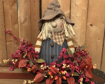 Large Primitive Country Scarecrow on a rustic wood slice- Fall arrangement, centerpiece, berries, leaves, nuts
