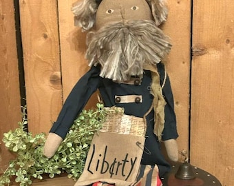 Patriotic Vintage Uncle Sam Doll - Rustic decor, Americana Figure holding flag, red, white & blue USA