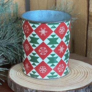 Vintage Christmas Metal Can, Winter holiday bucket, Red, Green, White snowflake diamond pattern