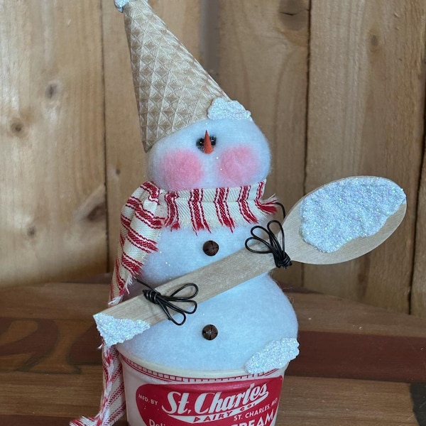 Cute Snowman in vintage ice cream cup-rustic winter Christmas decor Snow spoon, ice cream cone