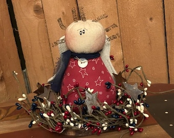 Primitive Patriotic USA Angel – Americana Decor, Red White & Blue Pip berries, Rusty stars Arrangement, centerpiece