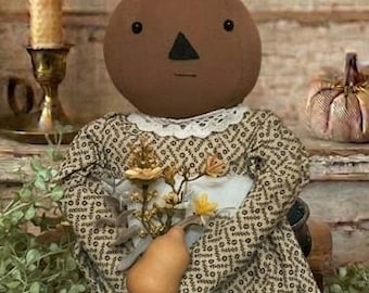 Primitive Pumpkin Doll with Gourd, Calico Dress Shelf Sitter, Grungy Folk Art Autumn Doll