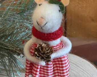 Cute Needle Felted Mouse - Christmas dress, scarf, pinecone, Felt ornament