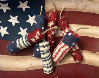 Set of 6 Patriotic Fabric Firecrackers, Americana Bowl Fillers, USA Decor