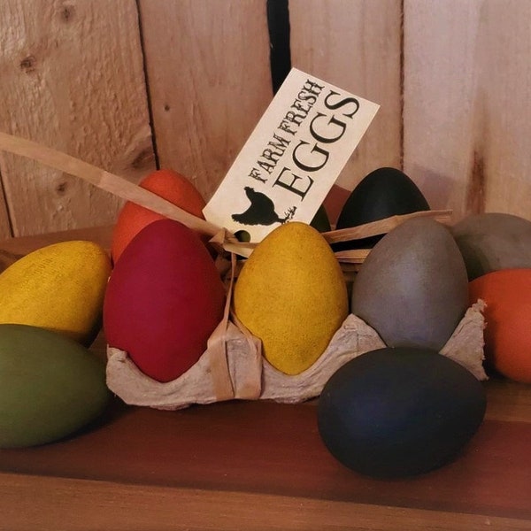 Primitive Eggs in Carton - Farmhouse decor, primitive shelf sitter Rustic decor Faux Red, Orange, Yellow, Green, Blue & Gray eggs