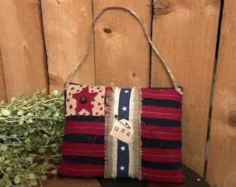 Rustic Patriotic fabric Flag ornament, USA, red, white blue decor, Americana bowl filler, rusty bell