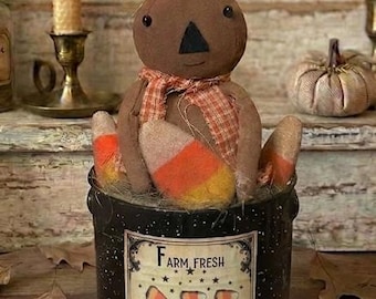 Primitive Pumpkin Doll Candy Corn Bucket Centerpiece, Grungy Farmhouse Autumn Decor