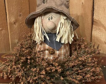 Primitive Country Scarecrow on wood slice-berries, Fall arrangement, centerpiece,