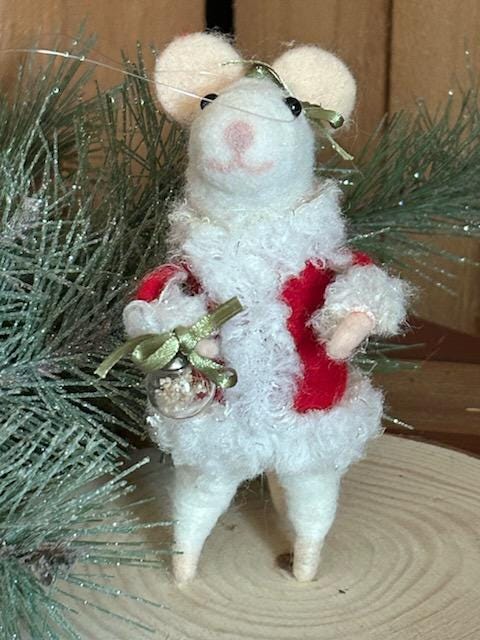 Santa Needle Felted Mouse - Christmas mouse ornament with Ornament