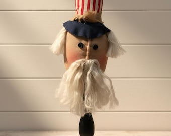 Patriotic Uncle Sam on black stand - Rustic decor, Americana spindle, pedestal, USA flag, red, white & blue