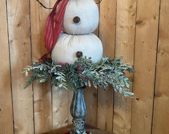Primitive Country Snowman on pedestal stand - rustic winter Christmas decor Snow shelf sitter flocked evergreen, red,