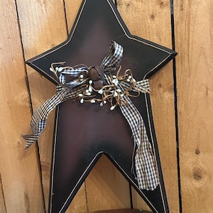 Primitive Rustic Wood Star - Patriotic Decor, Red, White & Blue wall hanging, rusty bell, pip berries