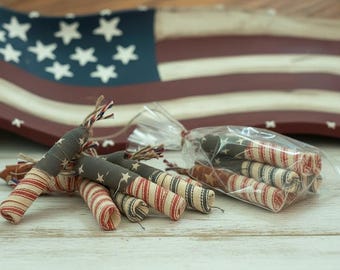 Set of 6 Small Rustic Patriotic fabric Firecrackers, USA, red, white blue decor, Americana bowl fillers, Firecracker