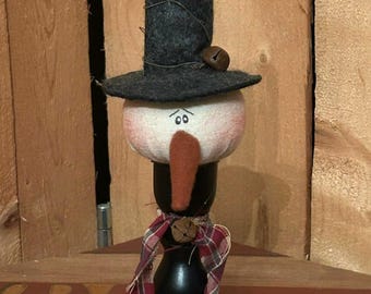 Rustic Country Snowman on wood pedestal - winter Christmas decor, snow shelf sitter evergreen, rusty bells