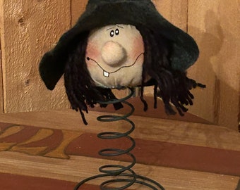 Halloween Witch on a spring - rustic winter Harvest decor Fall shelf sitter