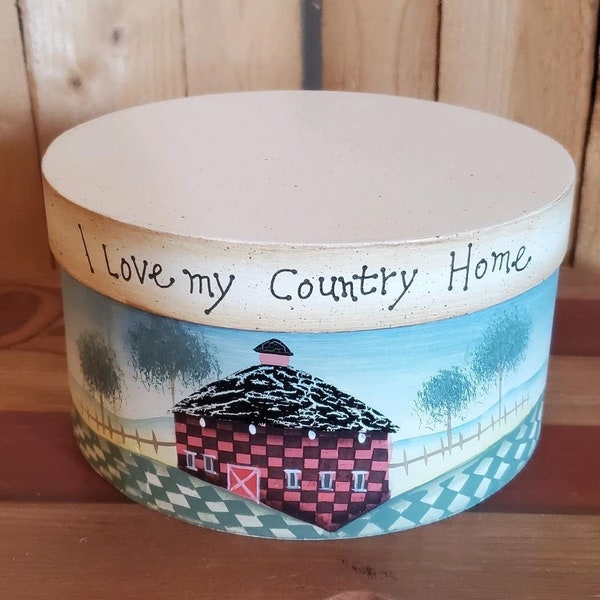 Country box.  Rustic Paper Mache container - box with lid, barn, farm scene, storage