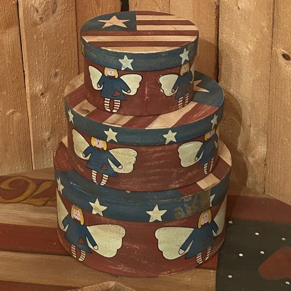 Primitive Patriotic paper mache boxes. Americana Home decoration. rustic country storage, stacking boxes, Angels