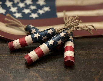 Set of 4 Small Rustic Patriotic wood Firecrackers, USA, red, white blue decor, Americana bowl fillers, Firecracker