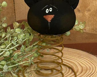 Halloween Black Cat on a spring - rustic winter Harvest decor Fall shelf sitter, Kitten