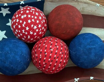 SALE Patriotic Primitive Rustic Rag Balls. 5 assorted bowl fillers Rustic Home decoration homespun, rag ball, RED White Blue,