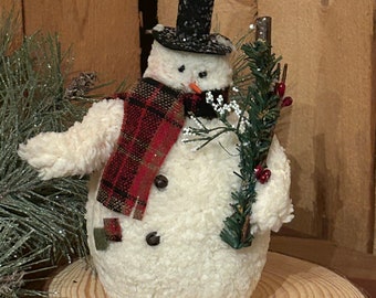 Vintage Country Snowman Ornament - winter Christmas decor, hat scarf, evergreen sprig