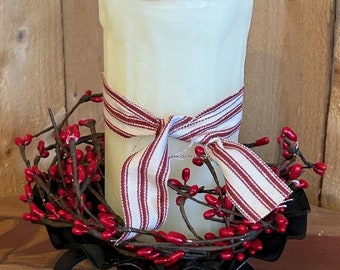 Primitive Country Candle Tray - Battery operated Timer Grubby candle Rustic Home decoration Centerpiece red pip berries ticking