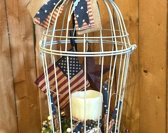 Patriotic Bird Cage Arrangement, LED Candle, Berries, Americana Decor Centerpiece