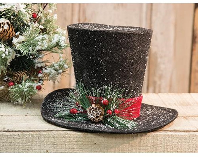 Large Black Felt Snowman Top Hat Decoration, Frosted Hat With Evergreen
