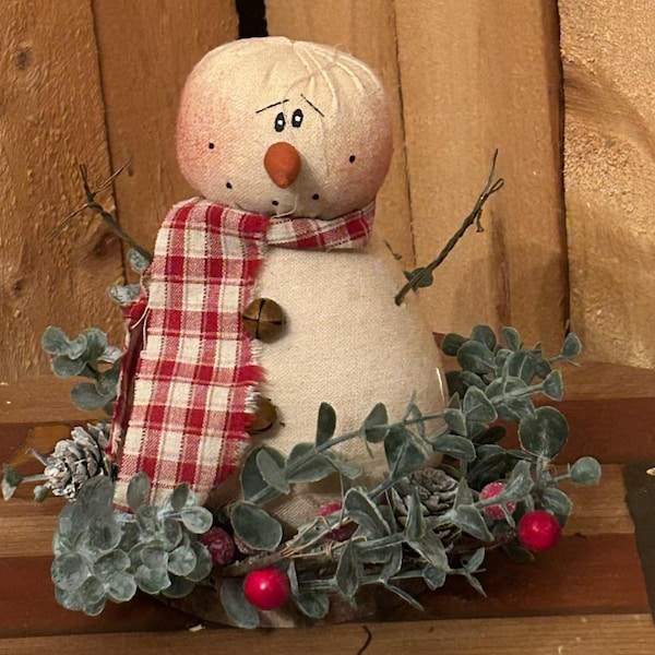 Primitive Country Snowman on wood slice - rustic winter Christmas decor Snow shelf sitter frosted evergreen, berries,