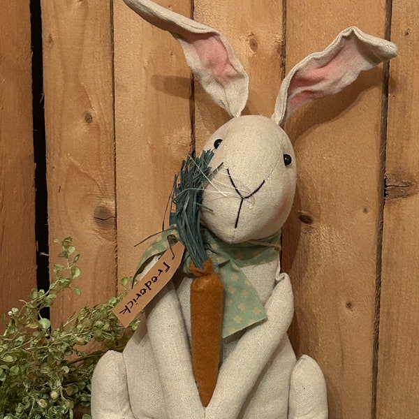 Spring Bunny - cute chubby bunny with carrot, burlap bag and scarf. Easter Home decoration.  Rabbit