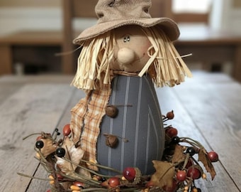 Primitive Country Scarecrow on wood slice-berries flowers, Fall arrangement, centerpiece,
