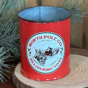 SALE - Christmas North Pole Delivery Vintage Metal Can, Winter holiday bucket, Santa