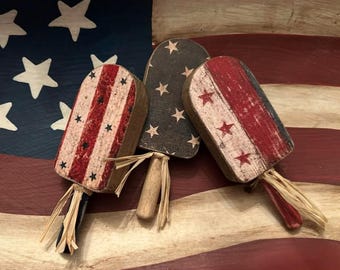 Set of 3 Small Patriotic wood Popsicles, USA, red, white blue decor, Americana bowl fillers, Stars stripes, Tier tray decor