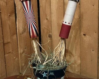 Set of 2 Patriotic Rockets, Vintage looking Firecrackers, USA, red, white blue decor, Americana bowl fillers, Firecracker rocket.