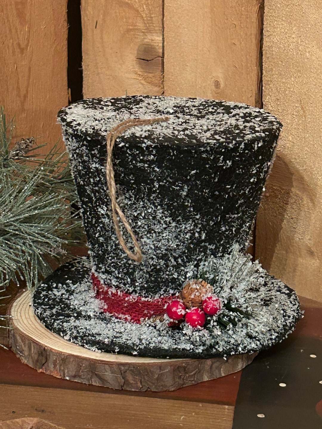 Black Felt Snowman Top Hat Decoration, Frosted Hat With Evergreen and