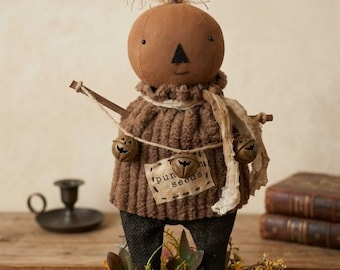 Primitive Pumpkin Doll, Grungy Harvest Figure, Rustic Halloween Decor, Folk Art Shelf Sitter