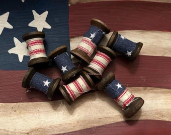 Set of 8 Mini Rustic Patriotic fabric Spools, USA, red, white blue decor, Americana bowl fillers, Firecracker
