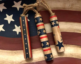 Set of 3 Small Rustic Patriotic wood Firecrackers, USA, red, white blue decor, Americana bowl fillers, Firecracker