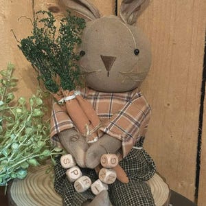 May include: A handcrafted fabric bunny doll with a plaid shirt and pants, holding a bundle of carrots and greenery. The bunny is sitting on a wooden slice, with wooden letter blocks spelling "SPRING". The bunny's ears are upright, and it has a stitched face.