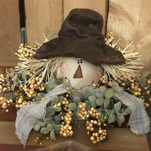 Primitive Country Scarecrow on wood base -berries Fall arrangement, centerpiece
