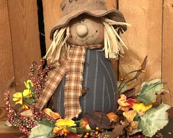 Primitive Country Scarecrow on wood slice-berries flowers, Fall arrangement, centerpiece,