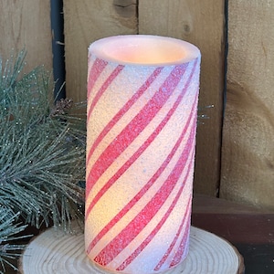 Candy Cane Pillar Candle, LED red & white striped 3&quot; x 6&quot; Christmas Holiday decoration, battery operated, TIMER