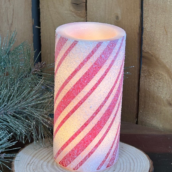 Candy Cane Pillar Candle, LED red & white striped 3" x 6" Christmas Holiday decoration, battery operated, TIMER