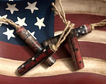 Set of 4 Small Rustic Patriotic wood Firecrackers, USA, red, white blue decor, Americana bowl fillers, Firecracker