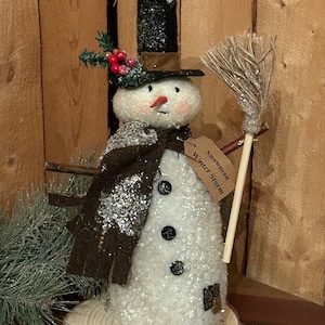 Vintage Country Snowman - winter Christmas decor, hat scarf, broom