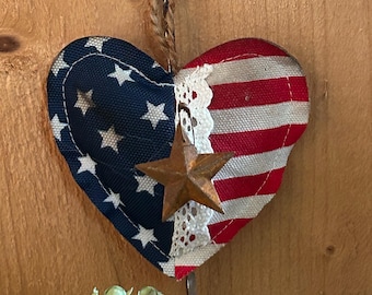 Rustic Patriotic striped fabric heart, Primitive Americana fabric decor, Heart ornament, Bowl Filler, Flag, rusty star