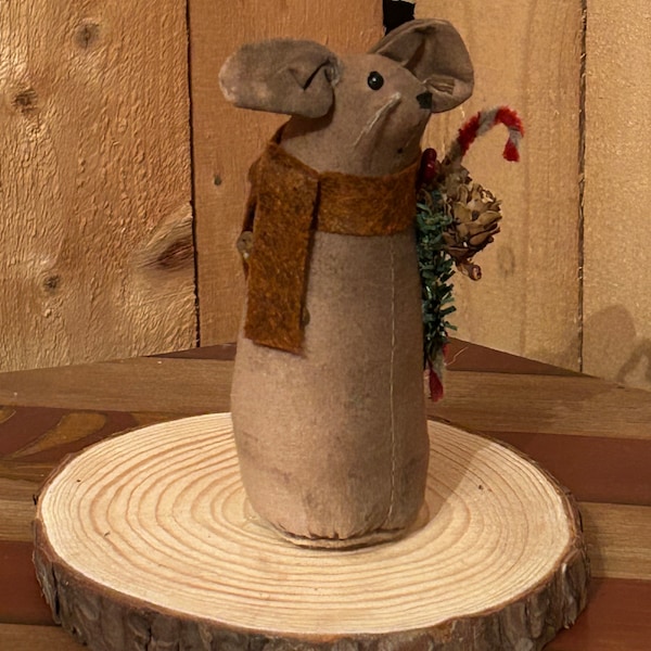 Primitive Holiday Mouse - winter Christmas decor, Candy Cane, evergreen pine cones