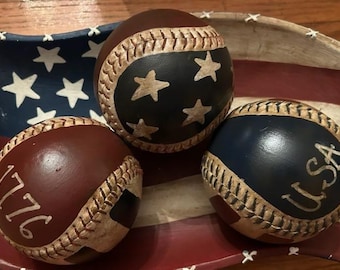 Set of 3 Primitive Hand painted softball bowl fillers.  Patriotic, Americana, USA American Rustic decor flag, stars stripes